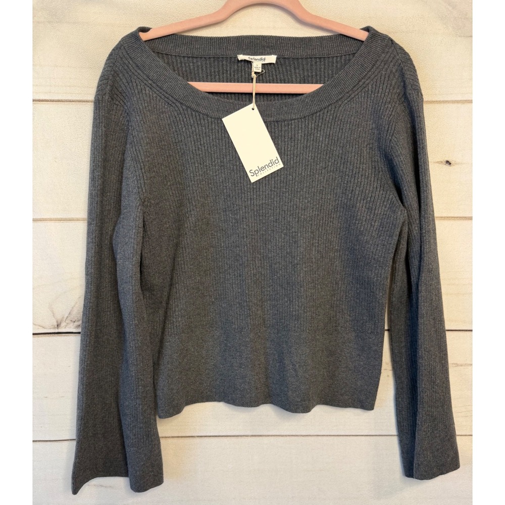 Splendid Collection Womens Heather Gray Ribbed Scoop Neck Sweater RW1S160 L